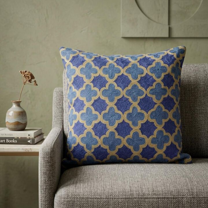 HomeRoots 20" Blue and Brown Quatrefoil Wool Throw Pillow With Embroidery