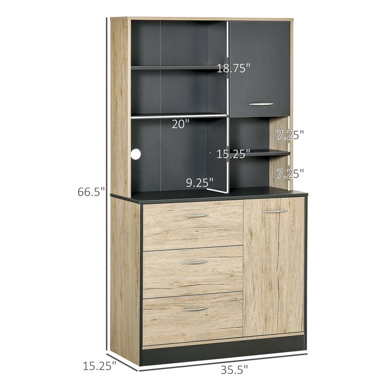 67" Freestanding Buffet with Hutch, Kitchen Pantry Storage Cabinet with 3 Drawers, Cable Management, 4 Cubes, and 2 Cabinets, Oak/Grey