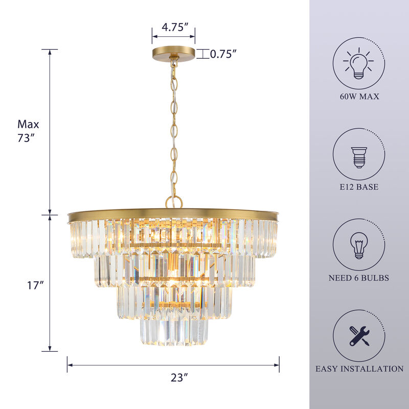 23 in. Glam Warm Gold 6-Light Dimmable Tiered Crystal Chandelier image number 2