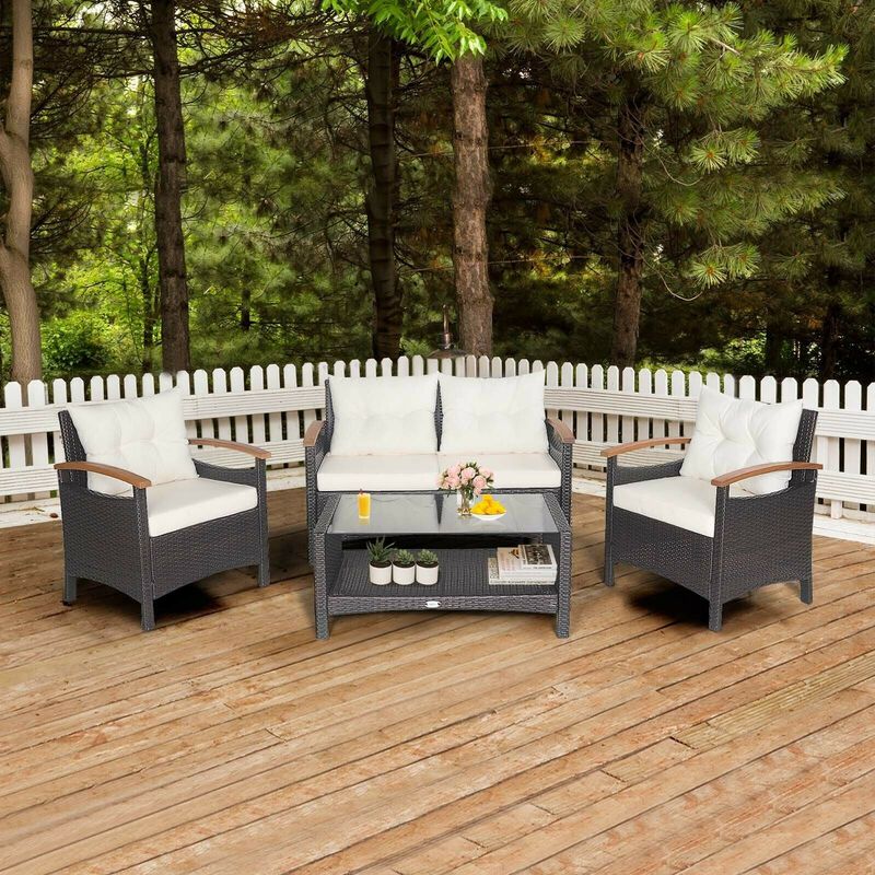 Mondawe 4 Pieces Patio Rattan Furniture Set with Cushioned Sofa and Storage Table