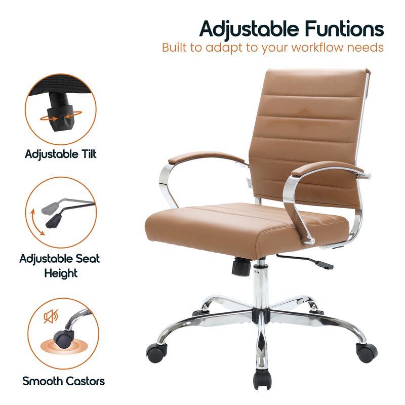 LeisureMod Benmar Mid-Back Office Chair, Leather Upholstery with Swivel, Tilt, and Chrome Base, Modern Desk Seating for Home Office or Conference Room