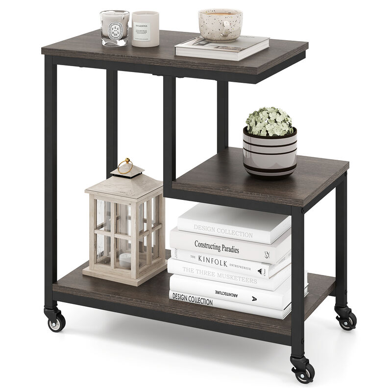 3-Tier Rolling Side Table with G-Shaped Frame and Open Display Shelves