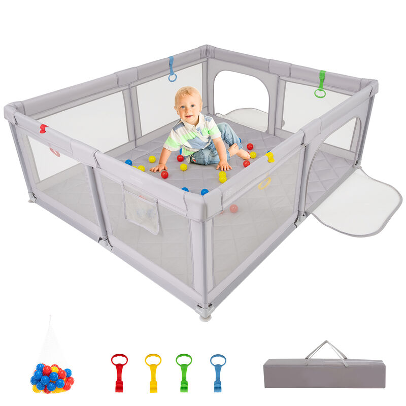 Large Infant Playpen, Activity Yard with Pull Rings & Ball Pit Balls-Gray image number 3