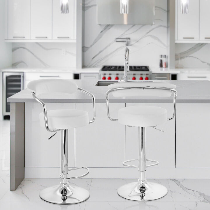 Elama 2 Piece Faux Leather Retro Adjustable Bar Stool in White with Chrome Handles and Base
