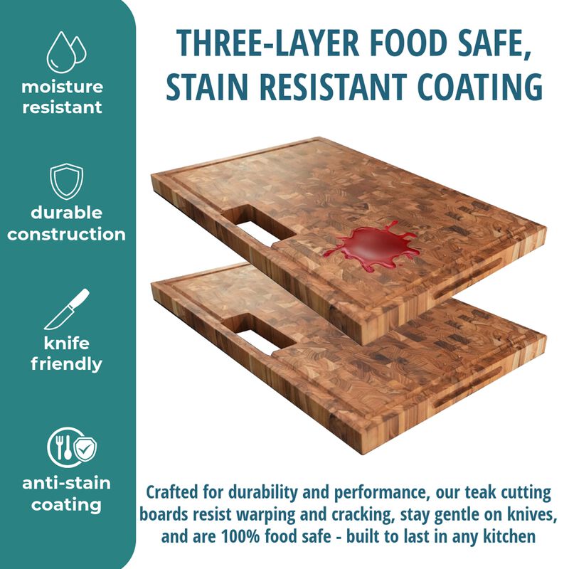 EcoDecors 29" x 18" FSC Teak End Grain Stove Top Cutting Board with Groove & Handles image number 4