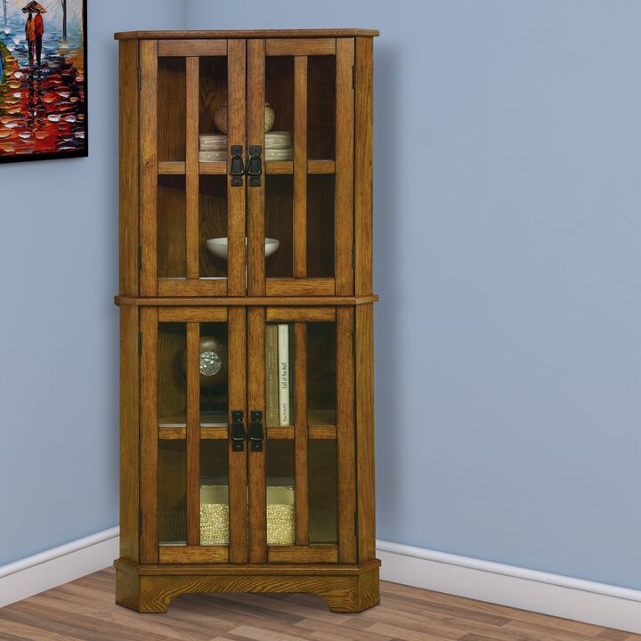 Corner Curio Cabinet With Windowpane Style Door Fronts, Brown-Benzara