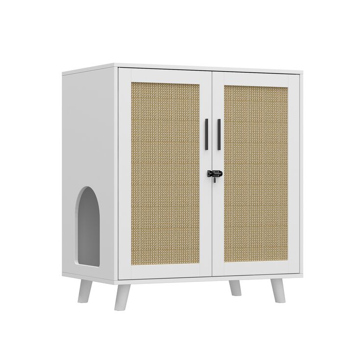 Modern Cat Litter Box Enclosure for Rooms, White Hidden Litter Box Furniture Cat Washroom Storage With Lock Sisal Door