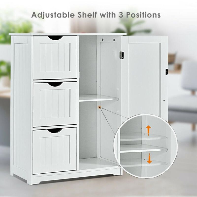 Hivvago Bathroom Floor Cabinet Side Storage Cabinet with 3 Drawers and 1 Cupboard
