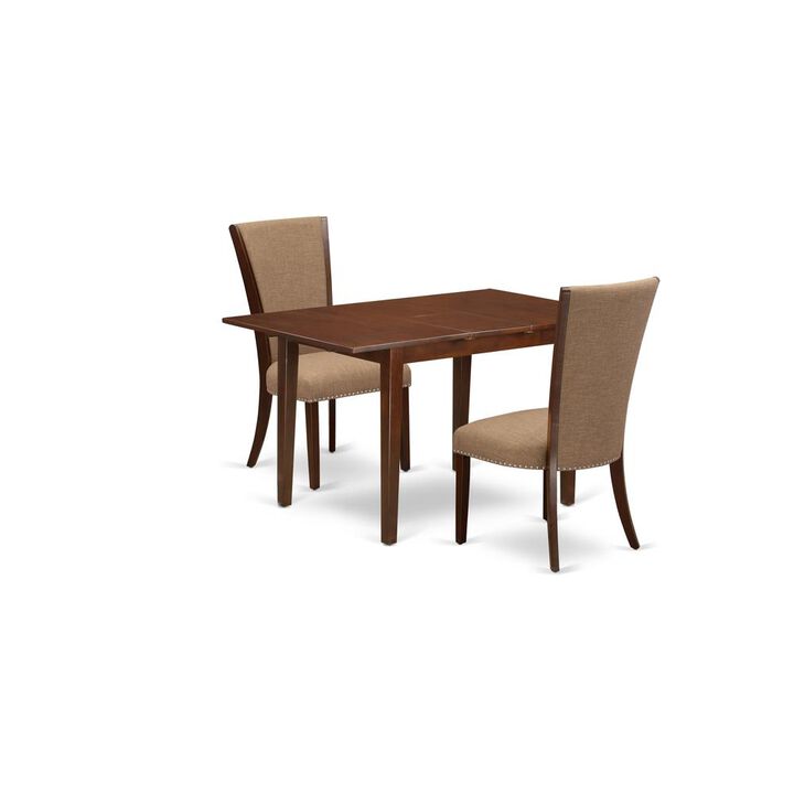 East-West Furniture NFVE3-MAH-47 - A wooden dining table set of 2 great parson chairs with Linen Fabric Light Sable color and a lovely 12" butterfly leaf rectangle dining table with Mahogany Finish