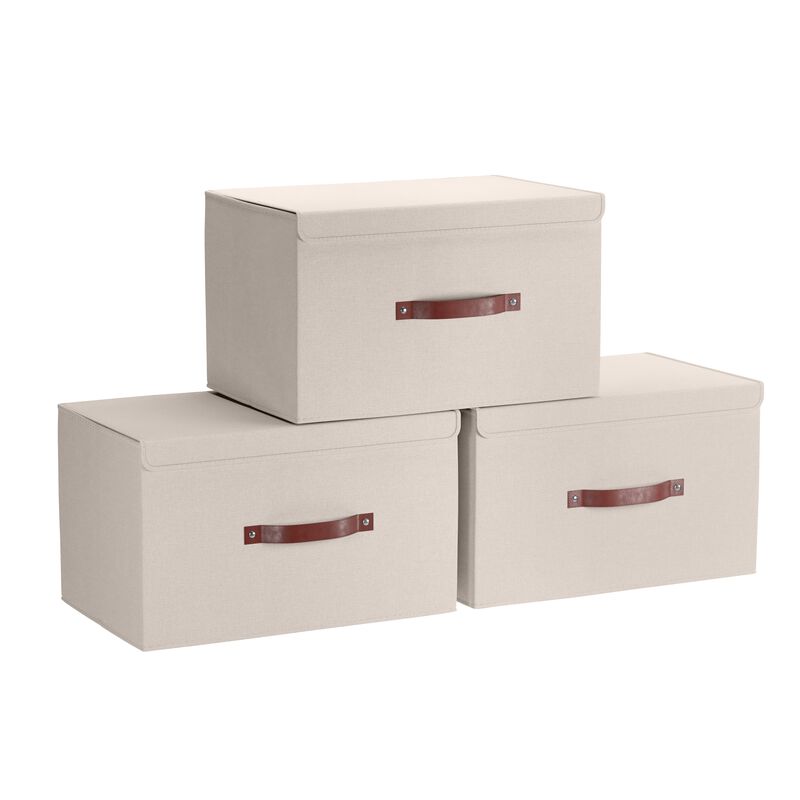 Foldable Linen Large Storage Bin with Leather Handles and Lid - Set of 3