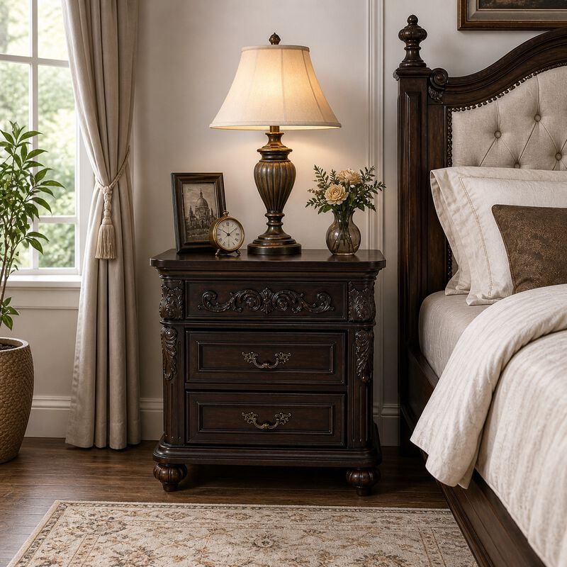 28" Assembled 3-Drawer Nightstand Solid Wood Frame Carved image number 2
