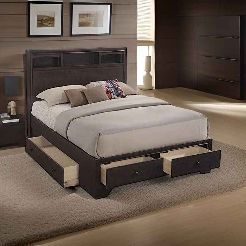 Queen Size Bed with 4 Storage Drawers, Bookcase Headboard, Walnut Brown