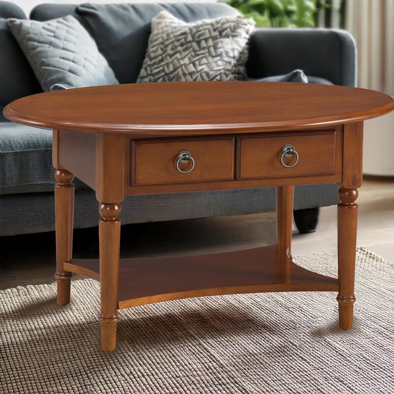 Coastal Solid Wood Oval Coffee Table with Shelf and Drawer, Rich Pecan Brown, Perfect for Living Rooms and Small Spaces - Leick