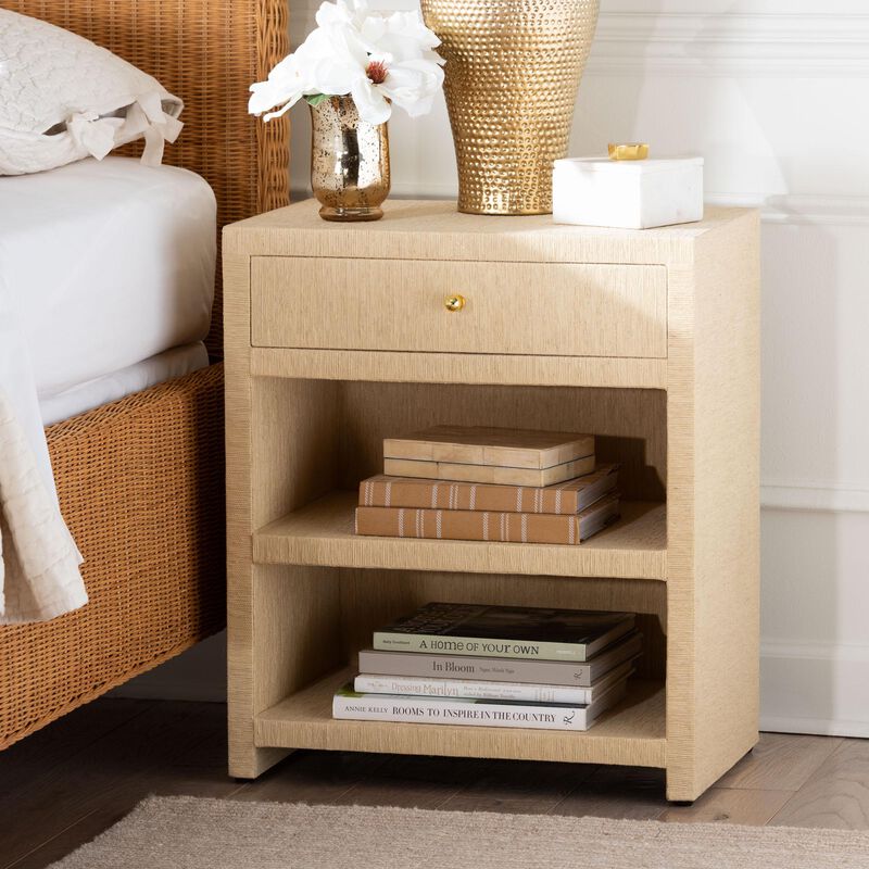 bali & pari William Grasscloth 1-Drawer Nightstand with Open Shelves - Woven Texture Bedside Table with Gold Knob, Modern Coastal Accent Table for Bedroom image number 1