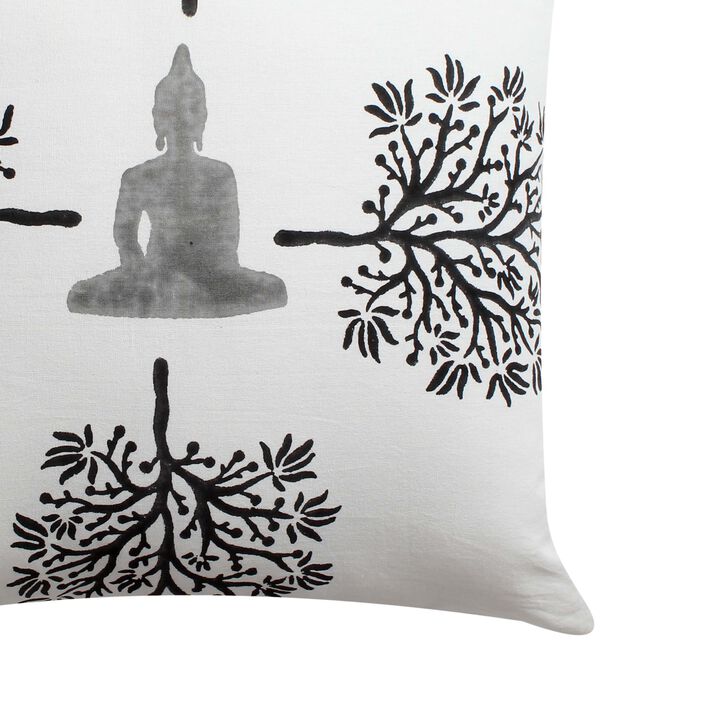 18 x 18 Square Cotton Accent Throw Pillow, Meditating Buddha, Tree Print, Set of 2, White, Black - Benzara