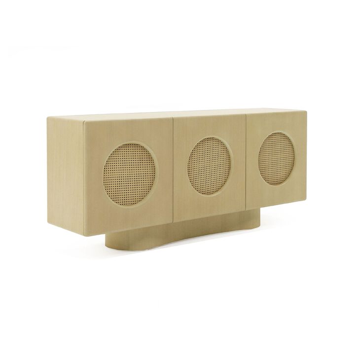 Noe Aky Sideboard Buffet Cabinet, 3 Doors w Rattan Fronts, Brown, 70 Inch - Benzara