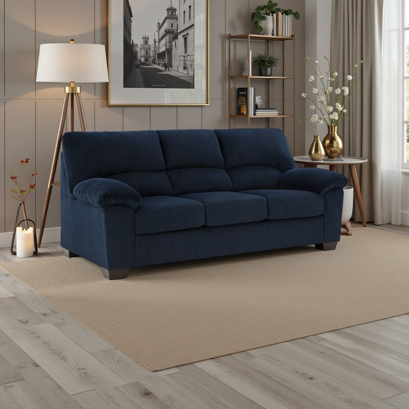 Simy Sofa, Pillow Top Arms, 83 Inch Dark Navy Blue Corduroy Polyester