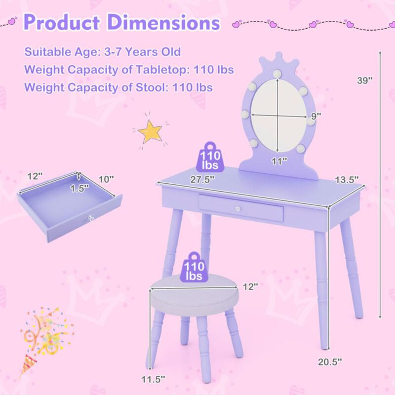 Hivvago Kids Vanity Set with Lighted Mirror with Adjustable Brightness and Large Drawer-Purple