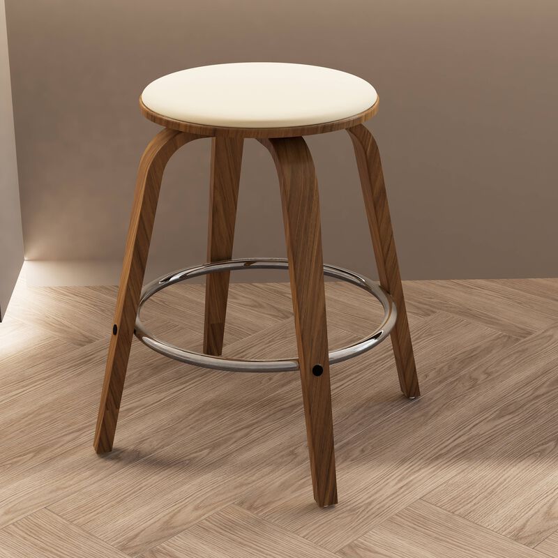 LeisureMod Counter Stool Upholstered in Leather with Stained Poplar Wood Frame & Chrome Iron Footrest with 360-Degree Swivel for Modern Home, Kitchen, Bars, Cafes Pelya Collection