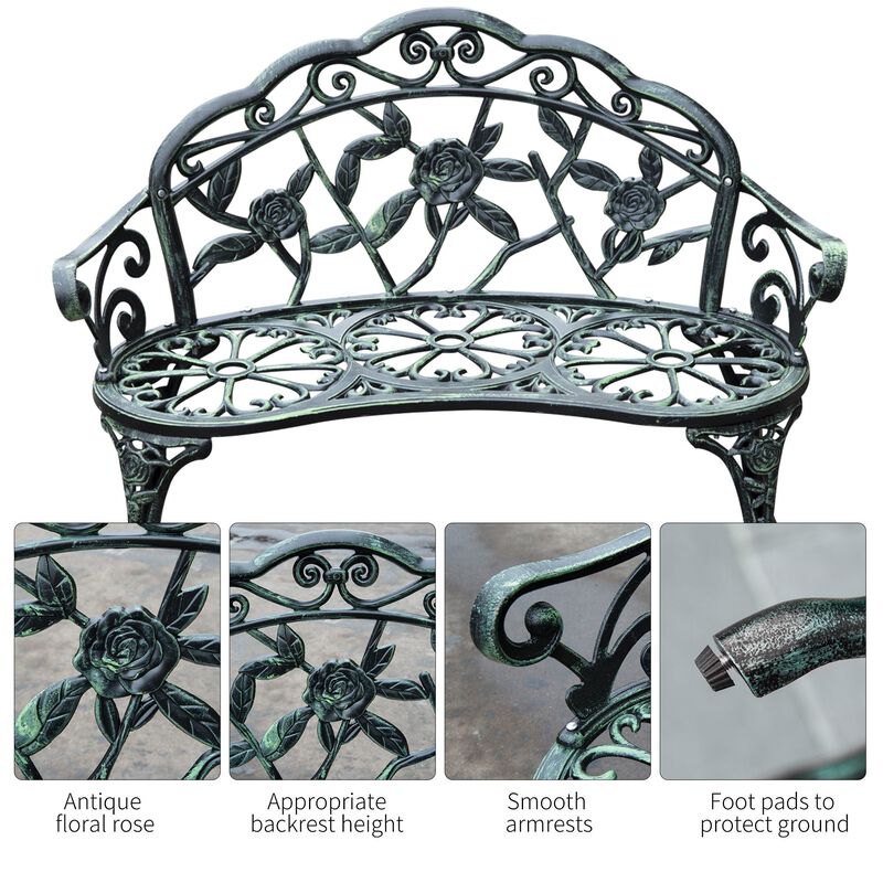 Vintage Garden Duo: Antique Green Floral Cast Aluminum Loveseat