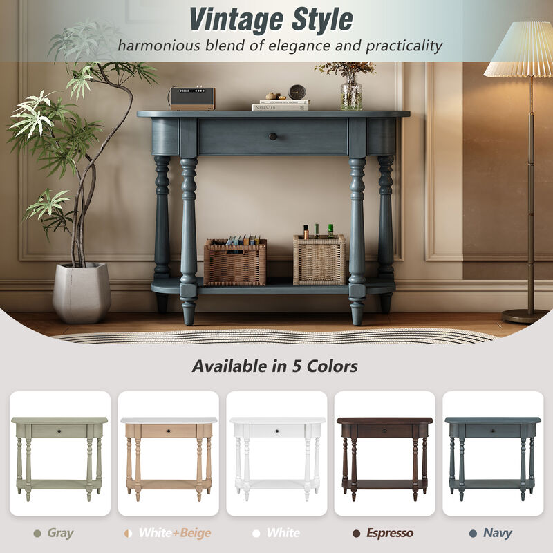 Whisen Retro Corner-curved Console Table with Top Drawer and Open Shelf for Living Room and Entryway - Beige