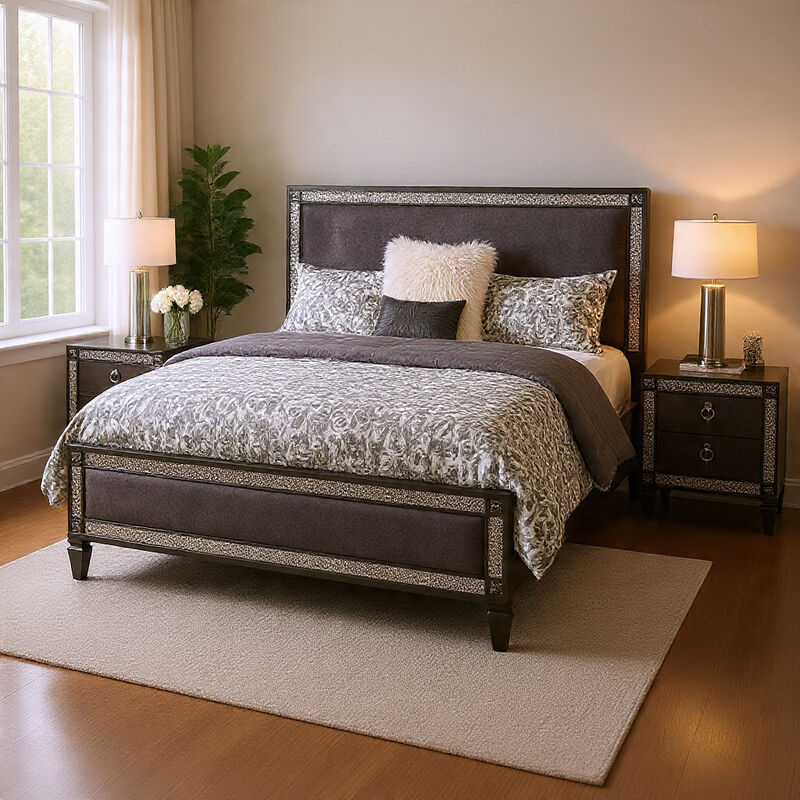 Queen Bedroom Set, Gray, Nickel Wood, 3 Piece Set with 2 Nightstands image number 8