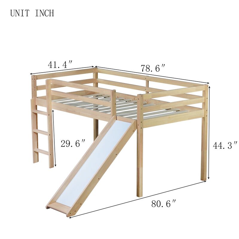 Whisen Twin Size Low Loft Bed with Slide, Ladder and Safety Guardrails