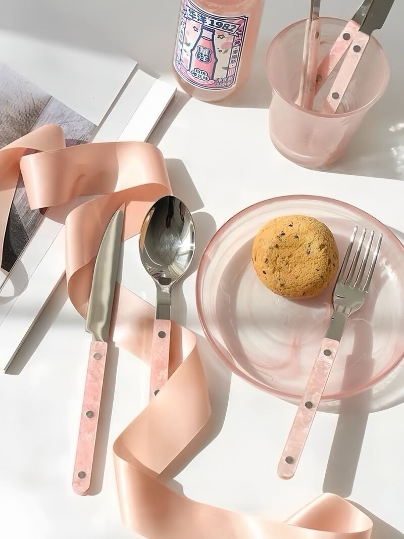 Pinky Salt Lake Flatware Set of 10 Pcs, Modern Marble Pattern Rivet Stainless Steel Cutlery Silverware