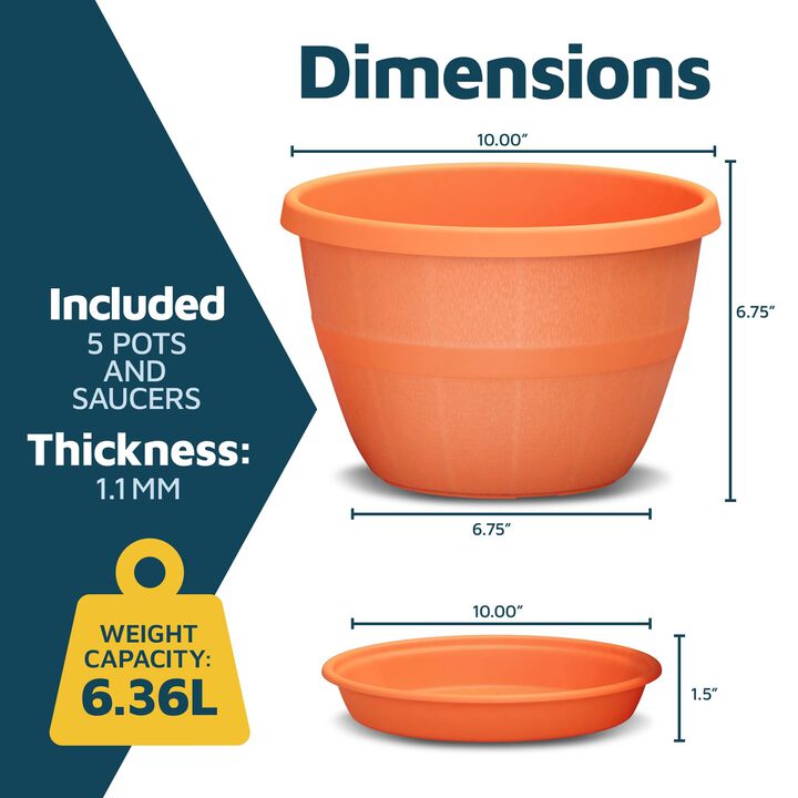 10-Inch Whiskey Barrel Planters Outdoor Pack of 5 - Durable Plastic Plant Pots for Indoor & Outdoor Use with Drainage & Saucer, Lightweight Rustic Barrel Planters for Flowers, Herbs & Small Plants