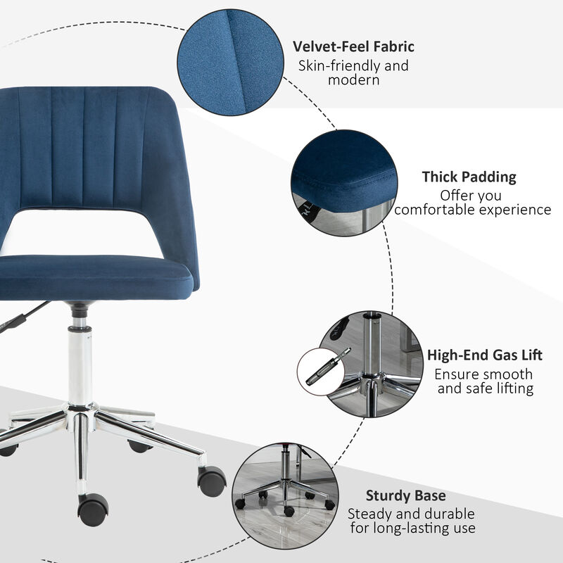 Vinsetto Modern Mid Back Office Chair with Velvet Fabric, Swivel Computer Armless Desk Chair with Hollow Back Design for Home Office, Blue