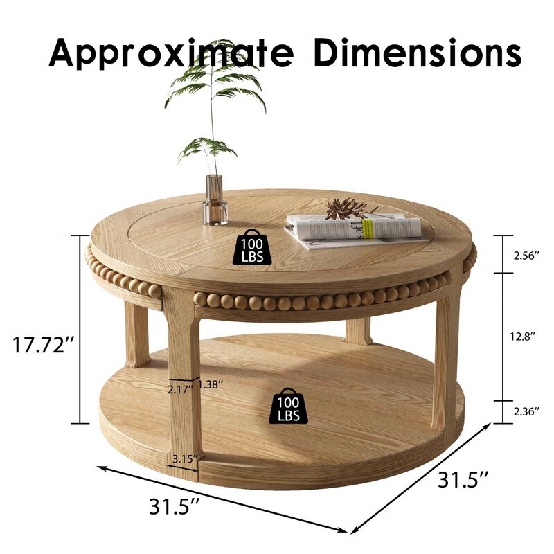 31.5" Rustic Solid Wood Round Coffee Table with 2-Tier Storage Shelf, Modern Farmhouse Accent Table for Living Room image number 5