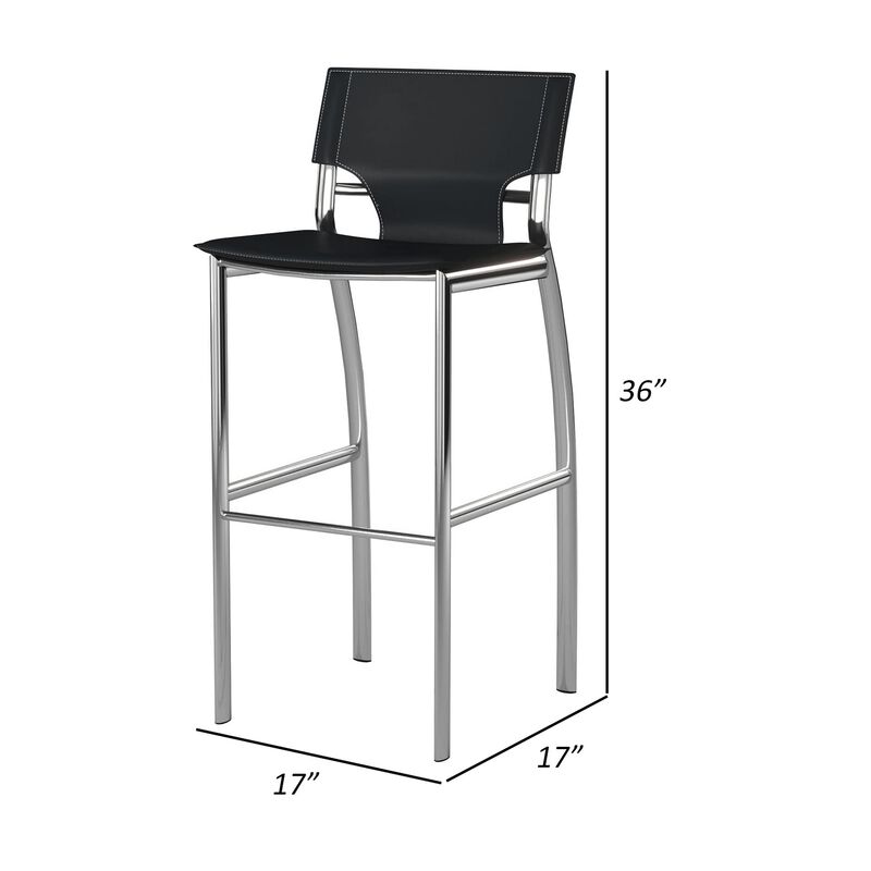 Illa 26 Inch Counter Height Chair, Set of 2, Chrome Base, Vegan Leather, Black - Benzara