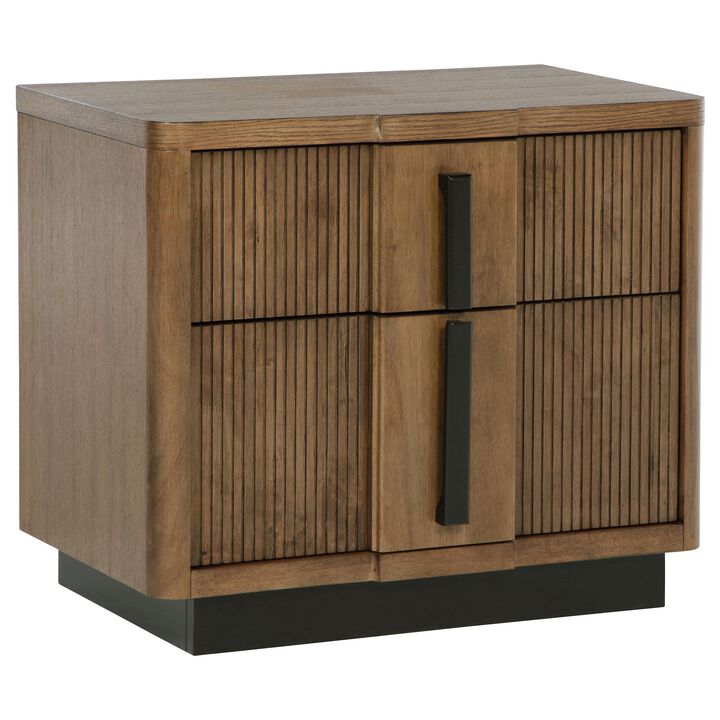 Reon Nightstand, 2 Drawers, Decorative Reeded Ash Brown Black Wood - Benzara