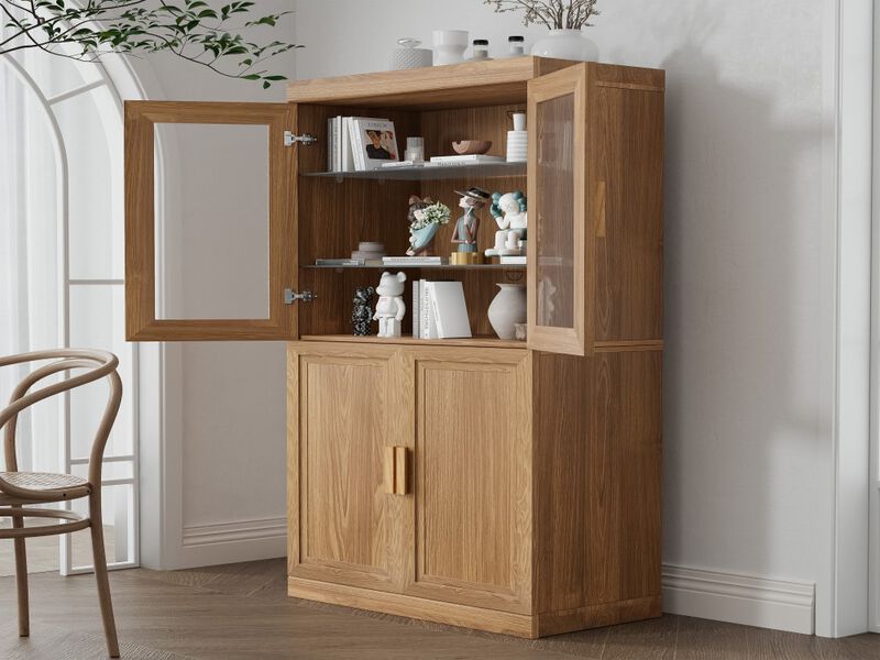 Contemporary Wooden Display Cabinet - 6 Shelf Organizer with Four Glass Doors