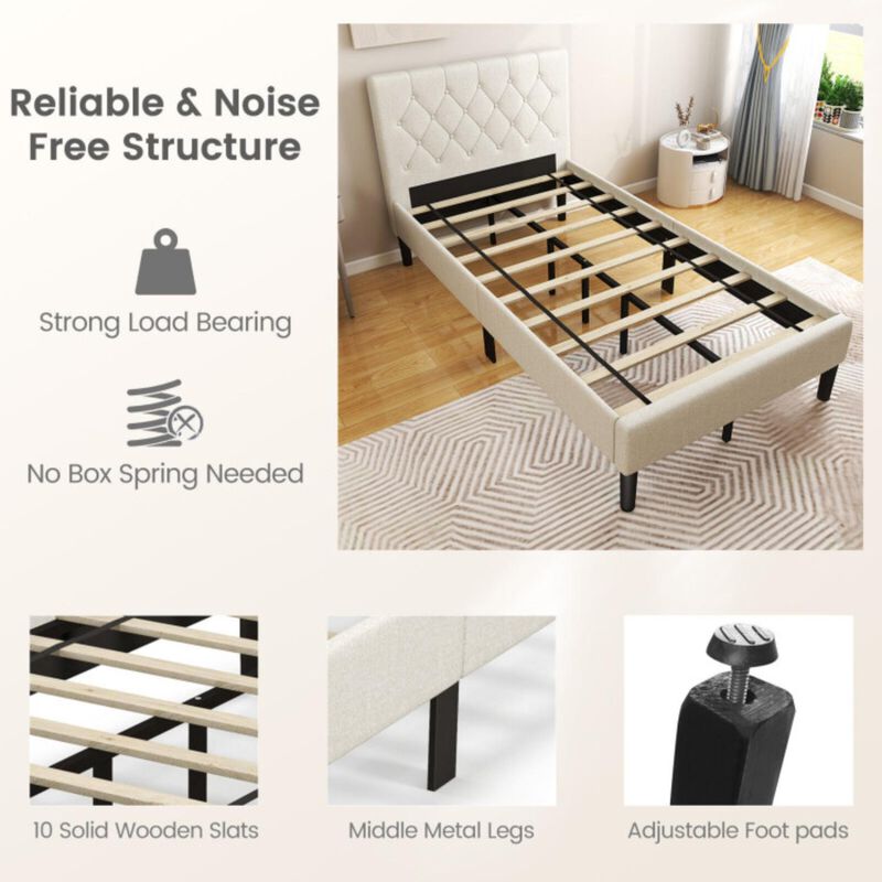 Hivvago Twin Size Upholstered Platform Bed with Button Tufted Headboard-Beige