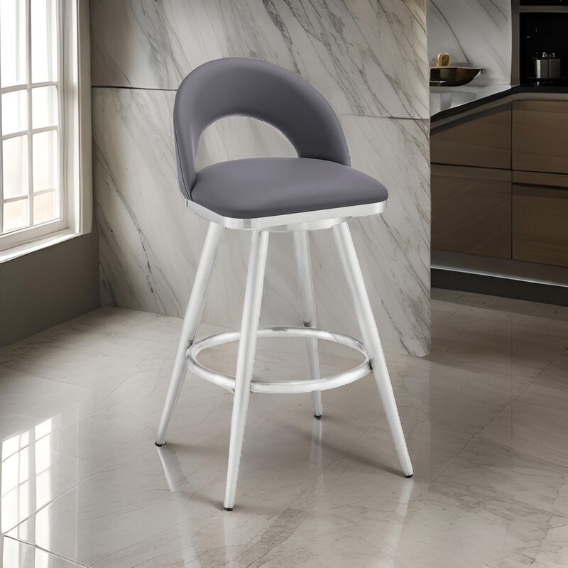 Visy 30 Inch Swivel Barstool Chair, Round Open Back, Gray Faux Leather - Benzara
