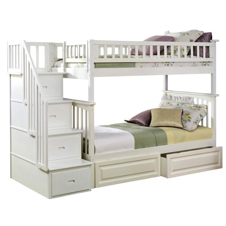 Atlantic FurnitureAFI Columbia Staircase Bunk Twin Over Twin with Turbo Charger and Raised Panel Bed Drawers in White