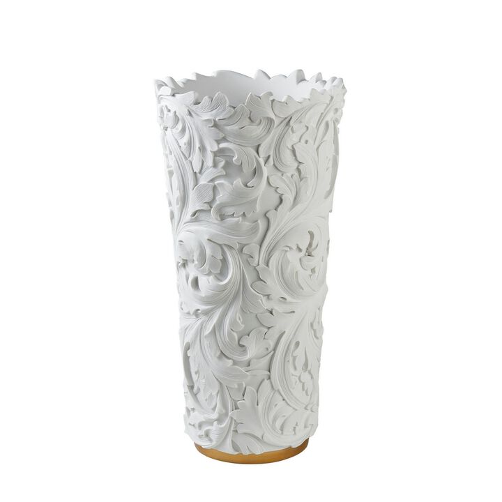 Decor Vase with Baroque Scroll Design, White-Benzara