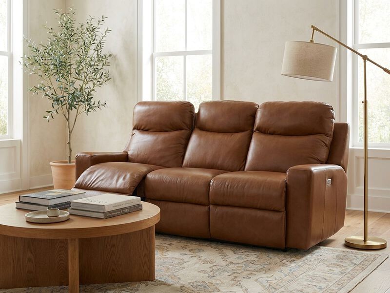 Emmons Oak Leather Power Reclining Sofa with  Headrest & Lumbar image number 1