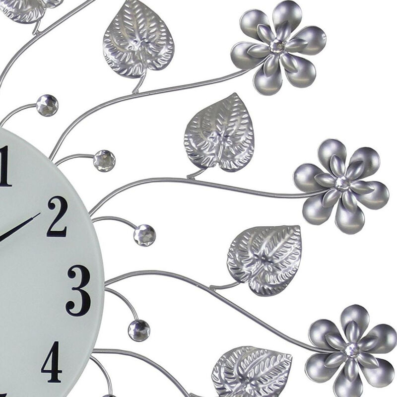 HomeRoots 27" Silver White And Black Metal and Glass Silent Analog Floral Round Wall Clock image number 3