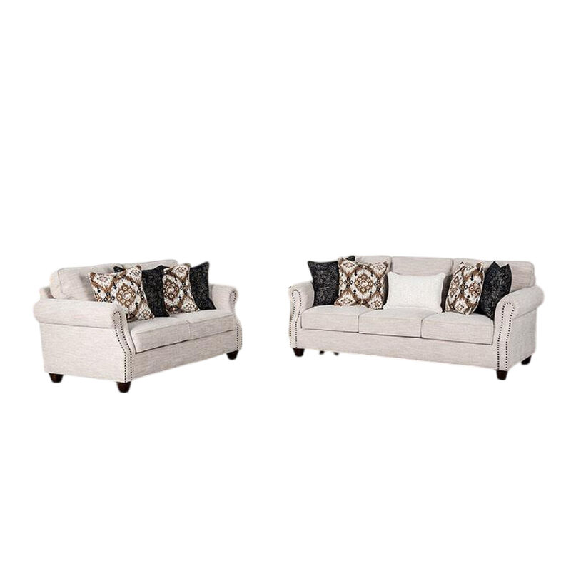 Serra 2pc Sofa and Loveseat Set, 9 Accent Pillows, Greige Polyester - Benzara