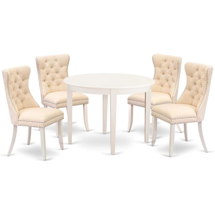 East West Furniture BODA5-WHI-32 5 Piece Kitchen Table Set Contains a Round Dining Table and 4 Upholstered Chairs, Linen White