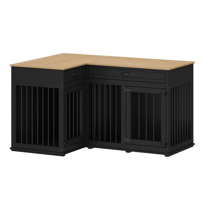 Large Corner Dog Crate Furniture For 2 Dogs With 2 Drawers, Wooden Black Corner Dog Kennel Cage Perfect for Limited Room
