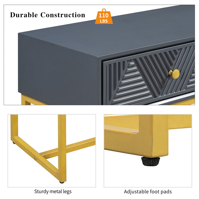 Whisen Modern Stripe Design Console Table with Two Drawers and Metal Legs - Black