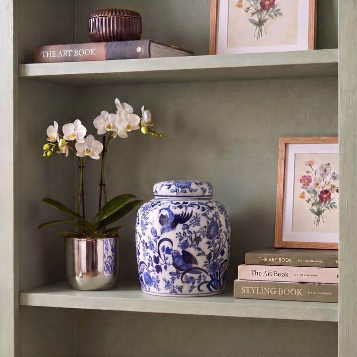 Decorative Bird Ceramic Ginger Jar with Lid, Blue and White