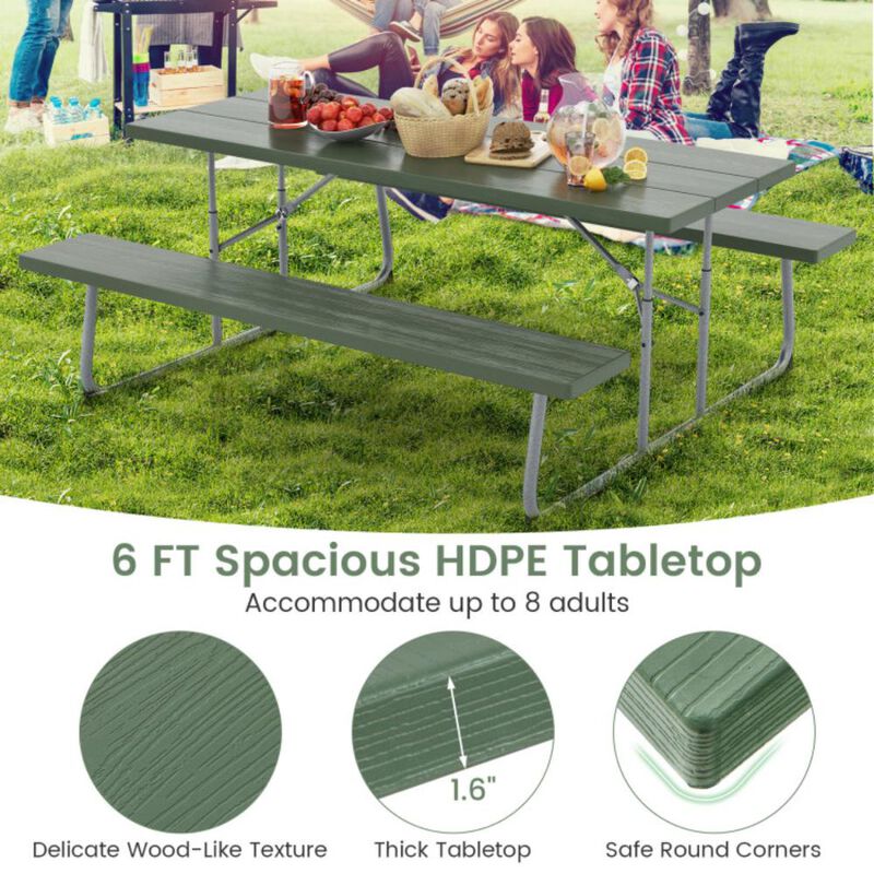 Hivvago Folding Picnic Table Set with Metal Frame and All-Weather HDPE Tabletop, Umbrella Hole