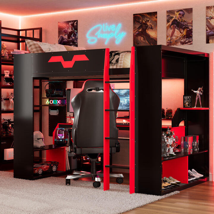 Merax Full Size Gaming Loft Bed with RGB LED, Power Hub, Work Desk & Multi-Tier Storage