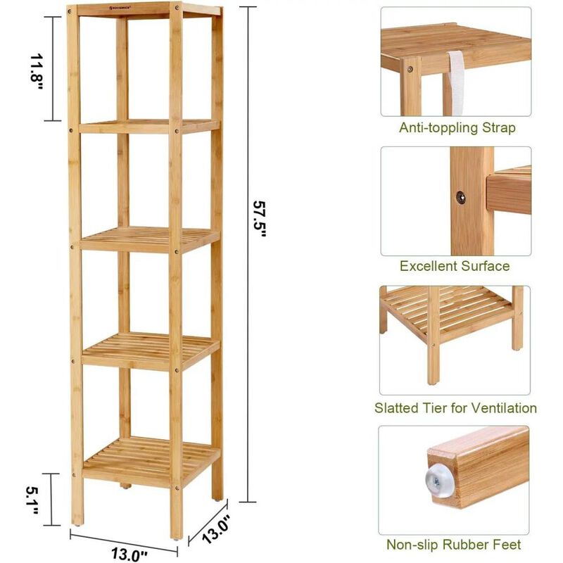 Hivvago Brown Bamboo Wood 4-Shelf Versatile Storage Unit Rack Narrow Bookcase image number 4
