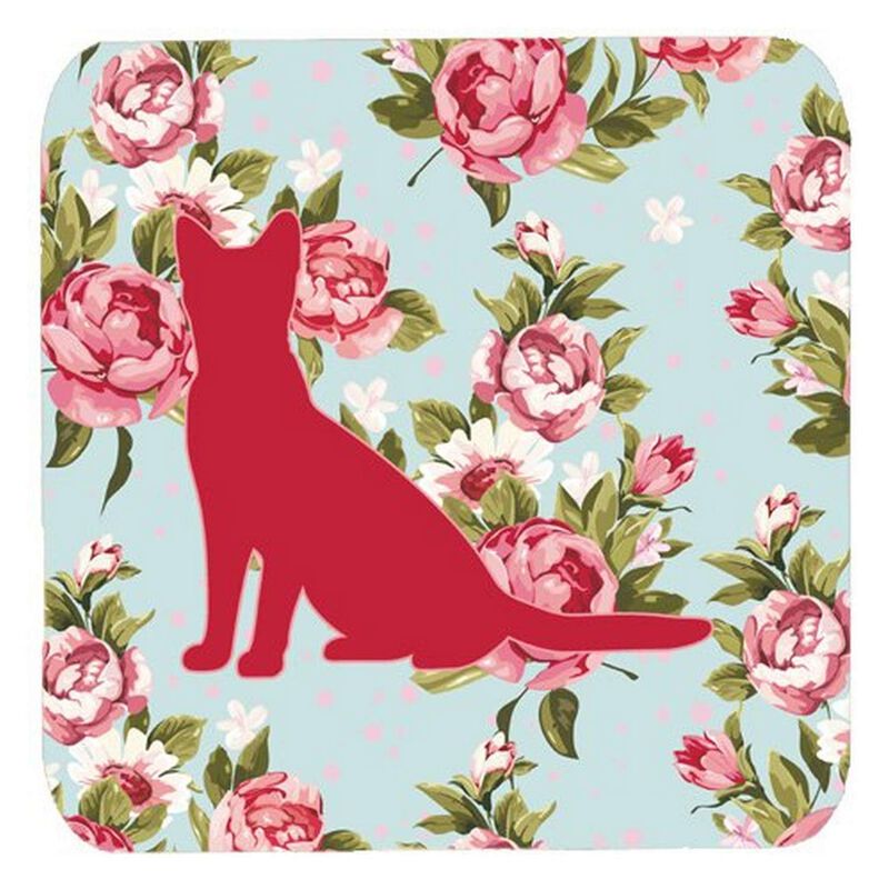 Caroline's Treasures BB1071-RS-BU-FC Cat Shabby Chic Blue Roses Foam Coasters (Set of 4), 3.5 H x 3.5 W, Multicolor