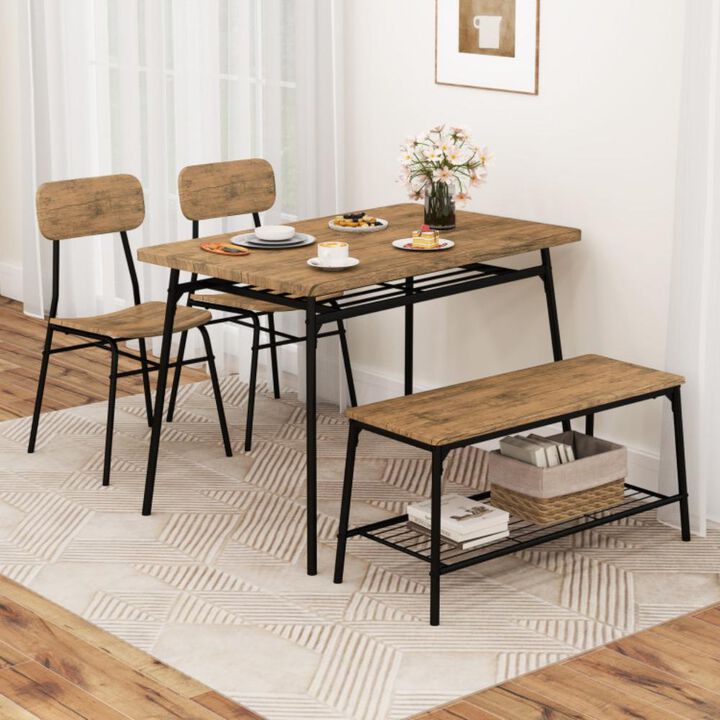 Hivvago 4 Piece Dining Table Set for 4 Metal Frame with Bench and 2 Chairs